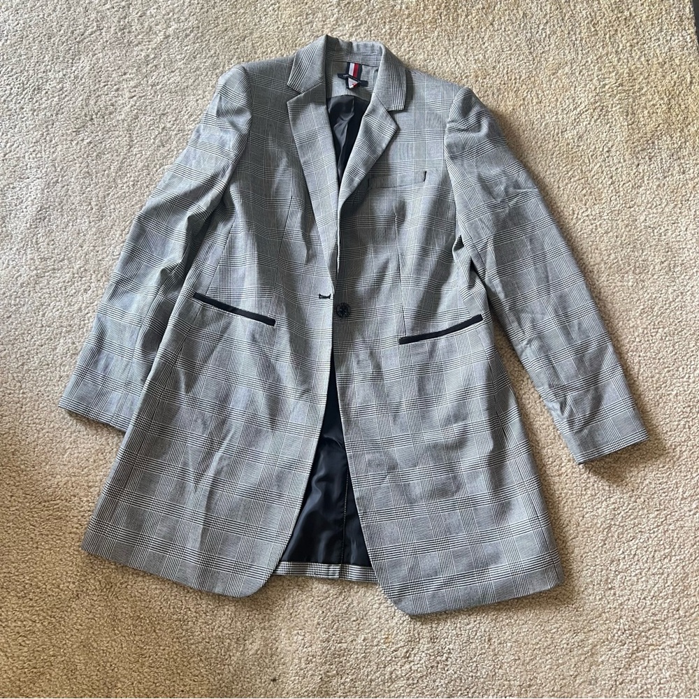 Tommy Hilfiger Gray Checkered Women’s Long Blazer With Elbow Patchwork Size 8